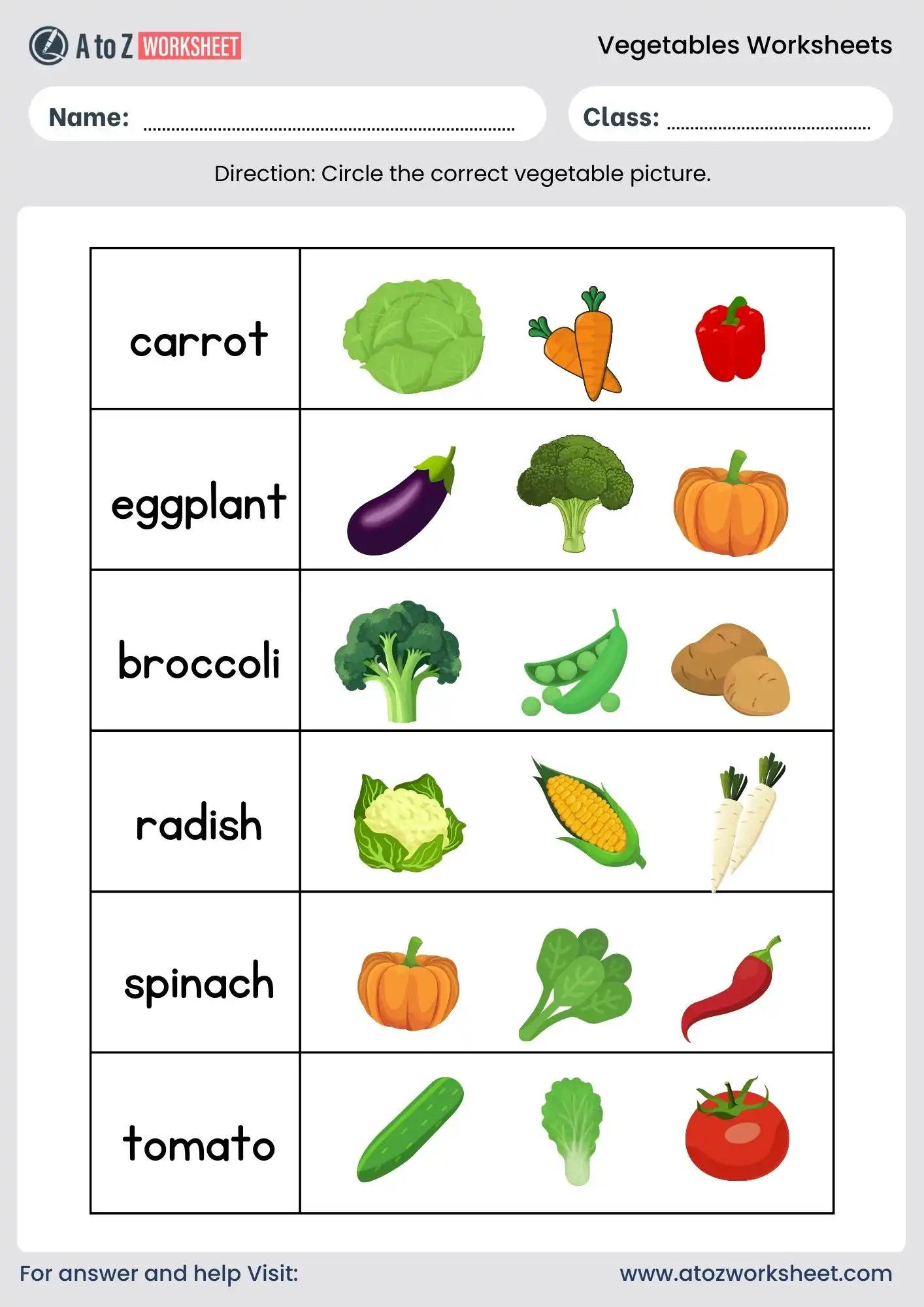 vegetables worksheets for lkg and ukg with circle activity