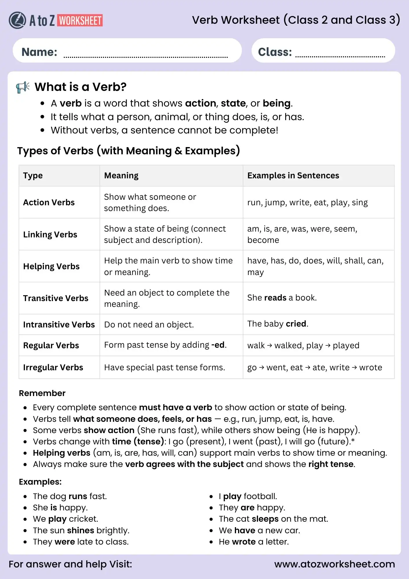 verb worksheets for class 2 and class 3 grammar learning chart