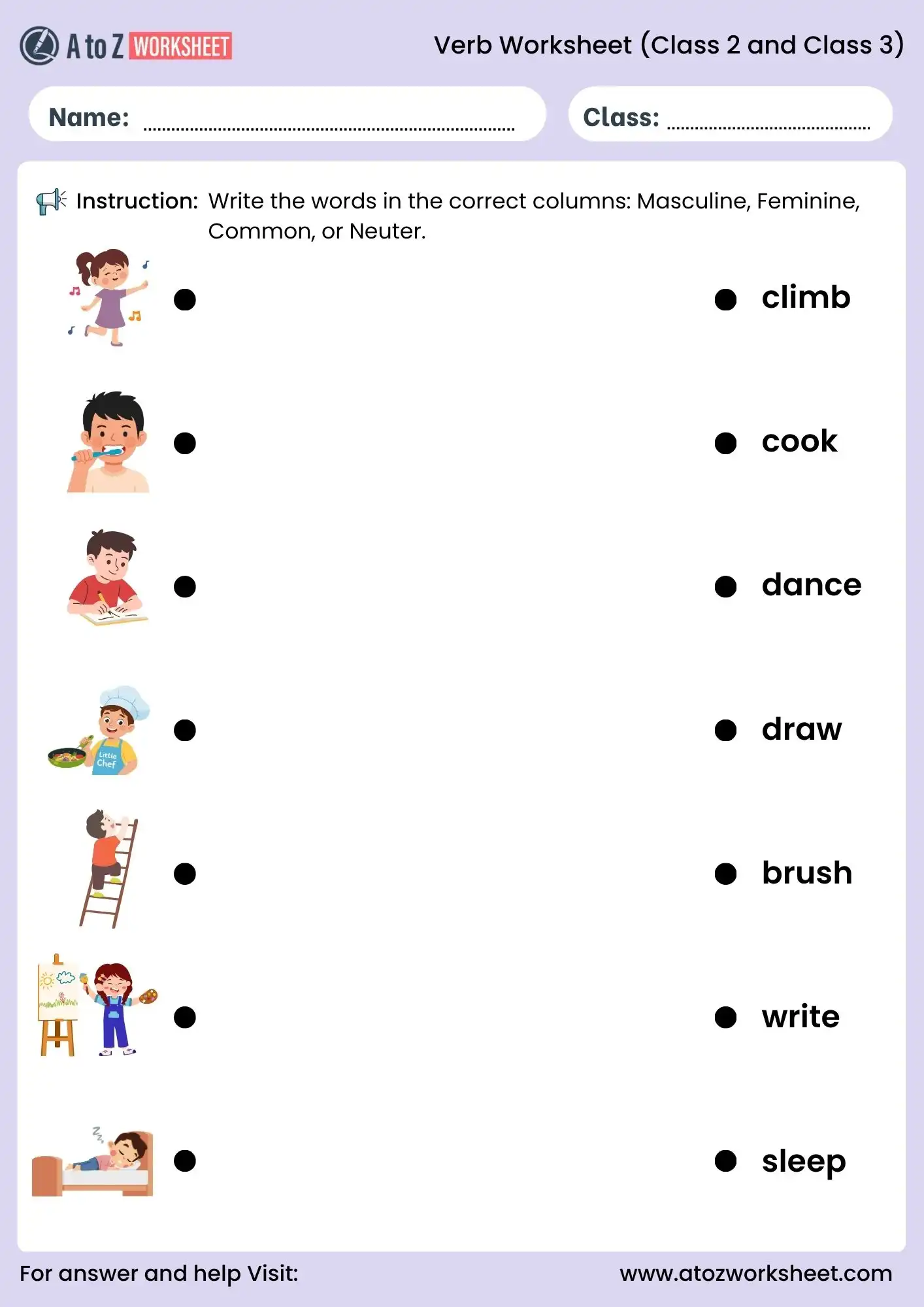 verb worksheets for class 2 and class 3 matching activity