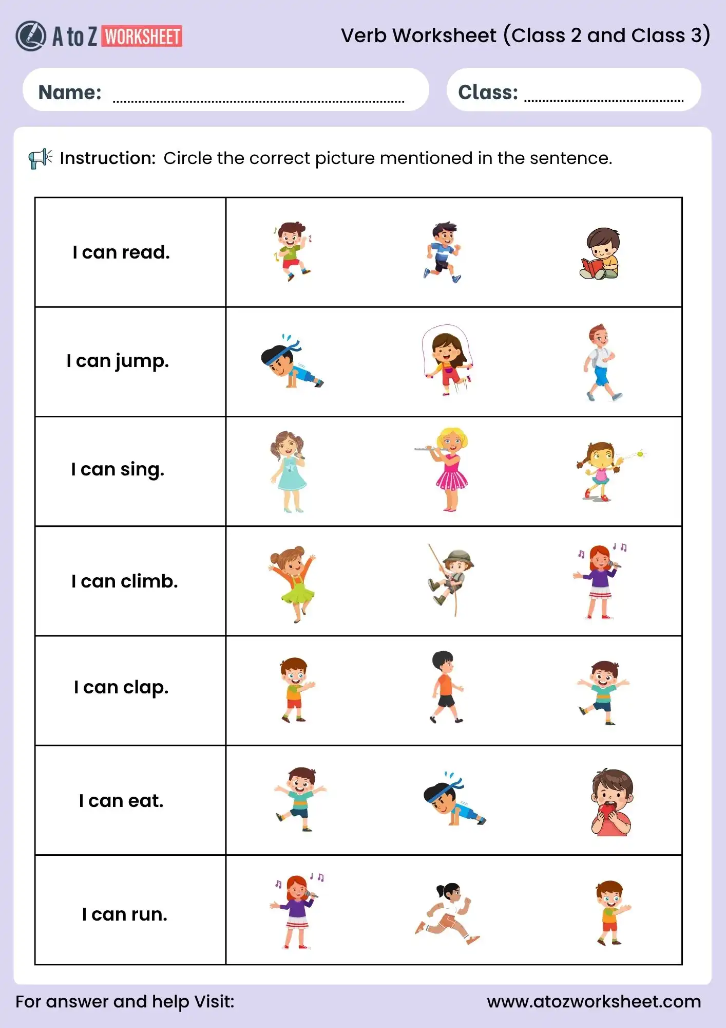 verb worksheets for class 2 and class 3 picture identification