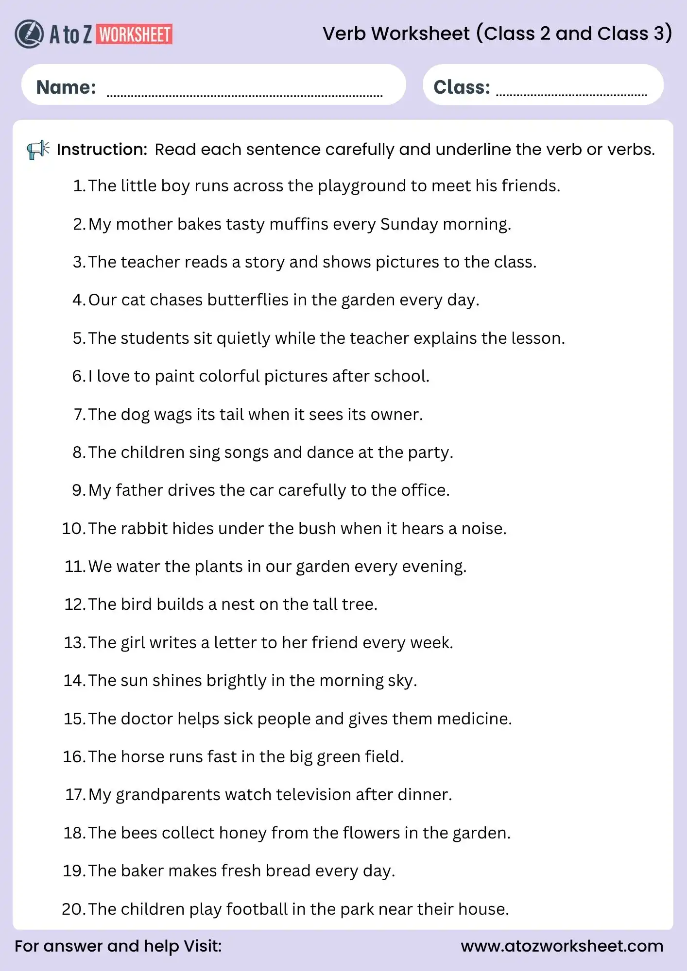 verb worksheets for class 2 and class 3 underline action words