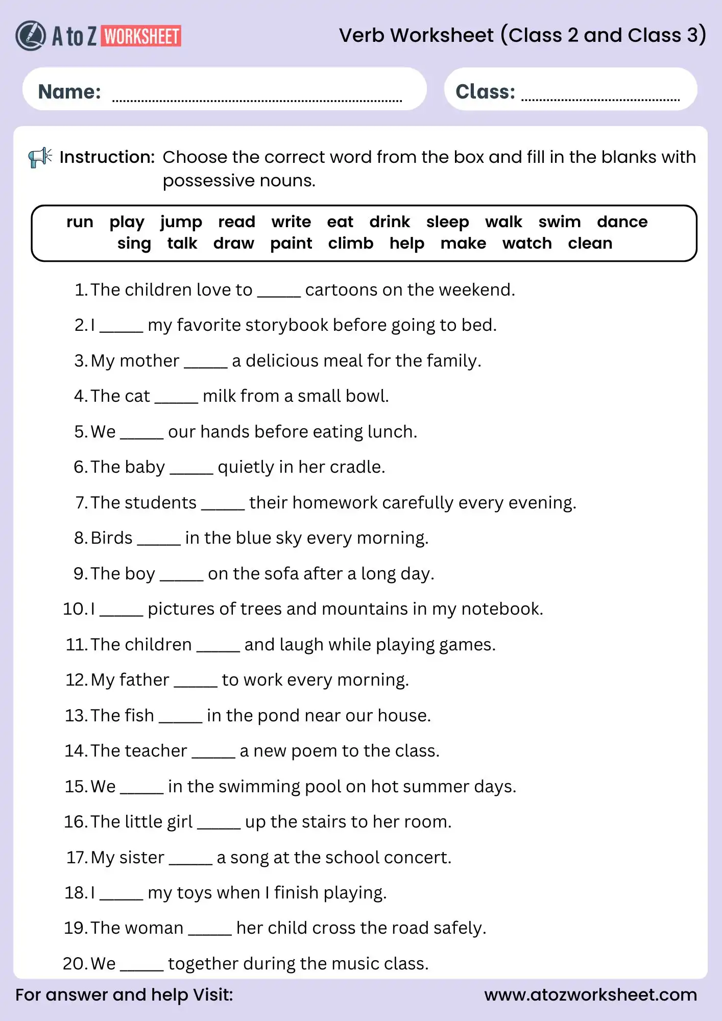verb worksheets for class 2 and class 3 fill in the blanks