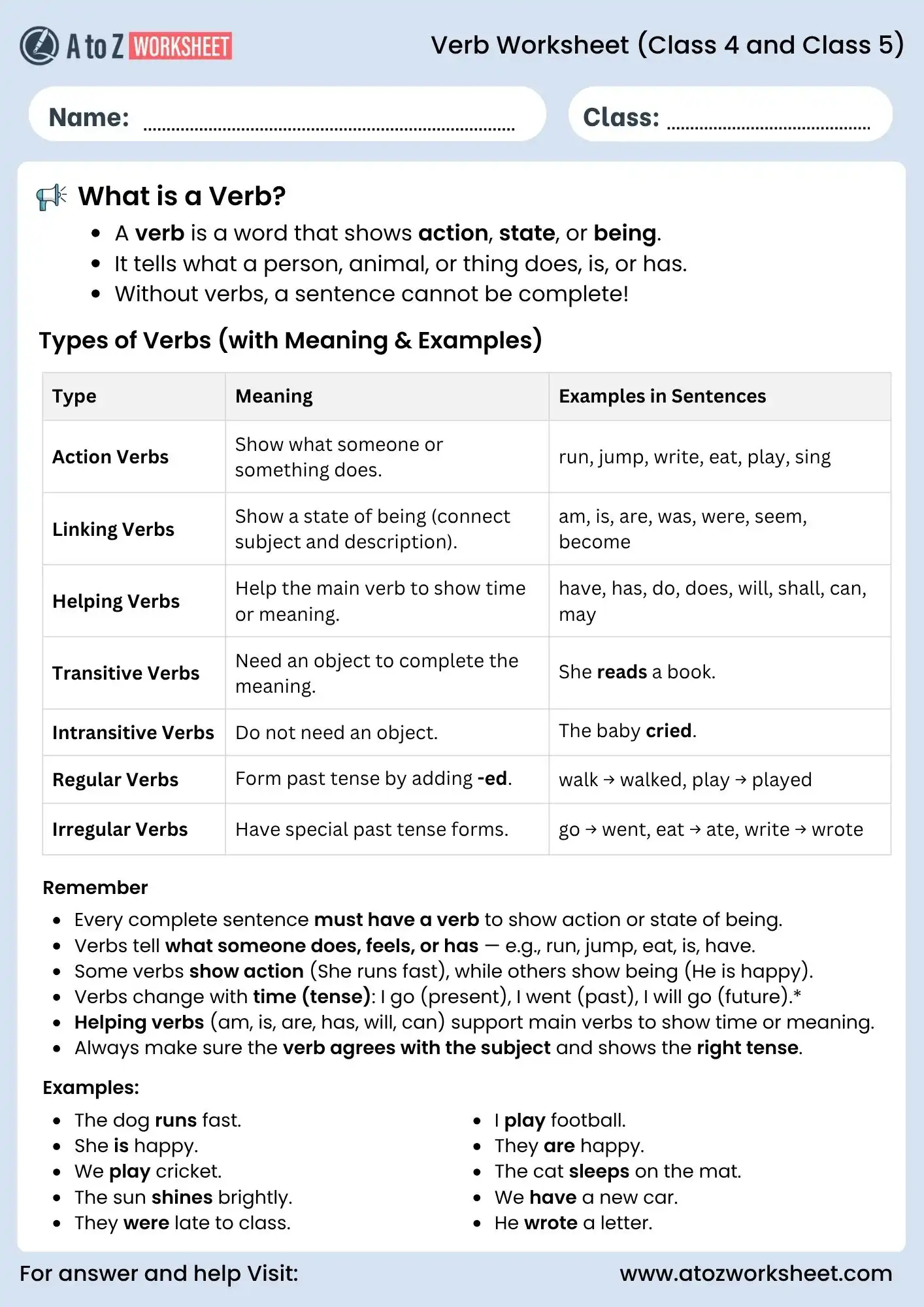verb worksheets for class 4 and class 5 grammar chart