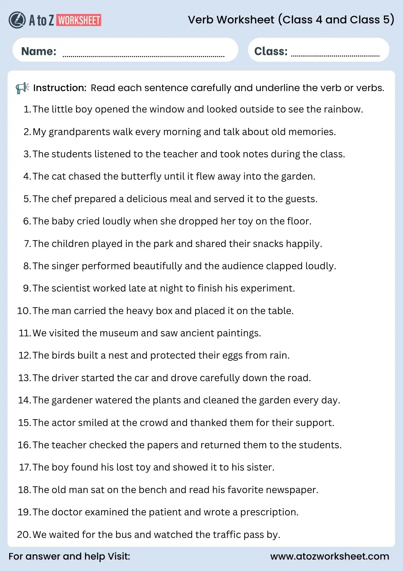 verb worksheets for class 4 and class 5 underline verbs activity