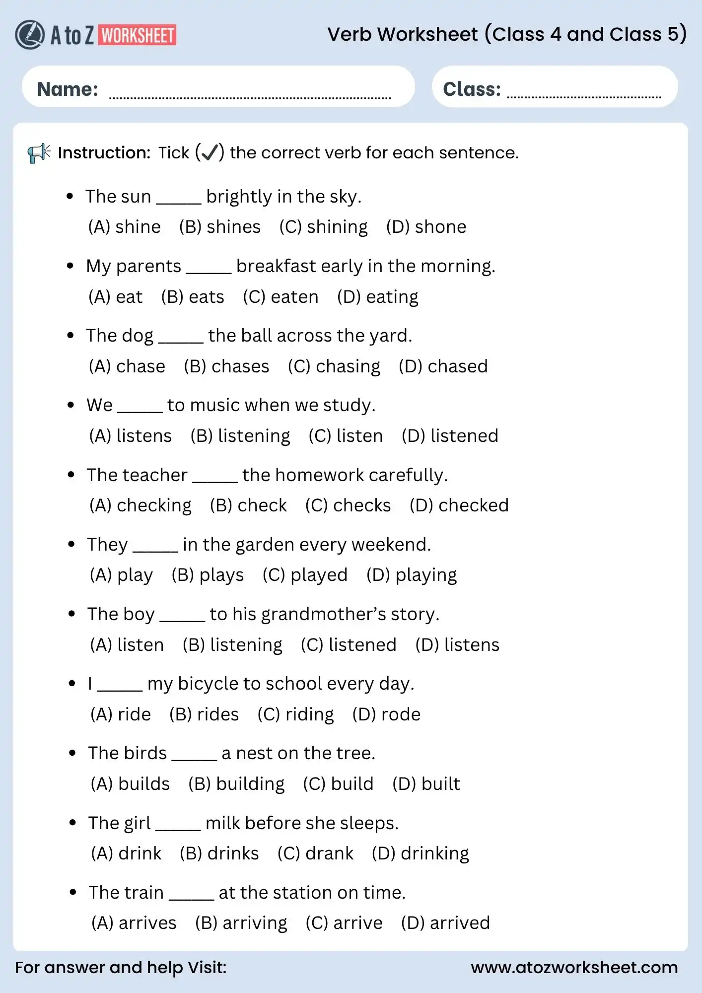 verb worksheets for class 4 and class 5 mcq activity