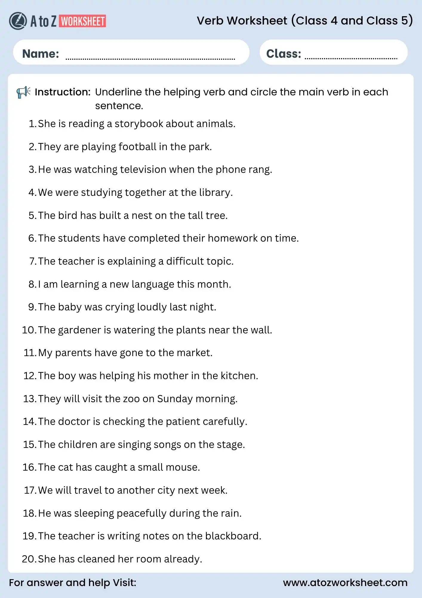 verb worksheets for class 4 and class 5 helping verb identification