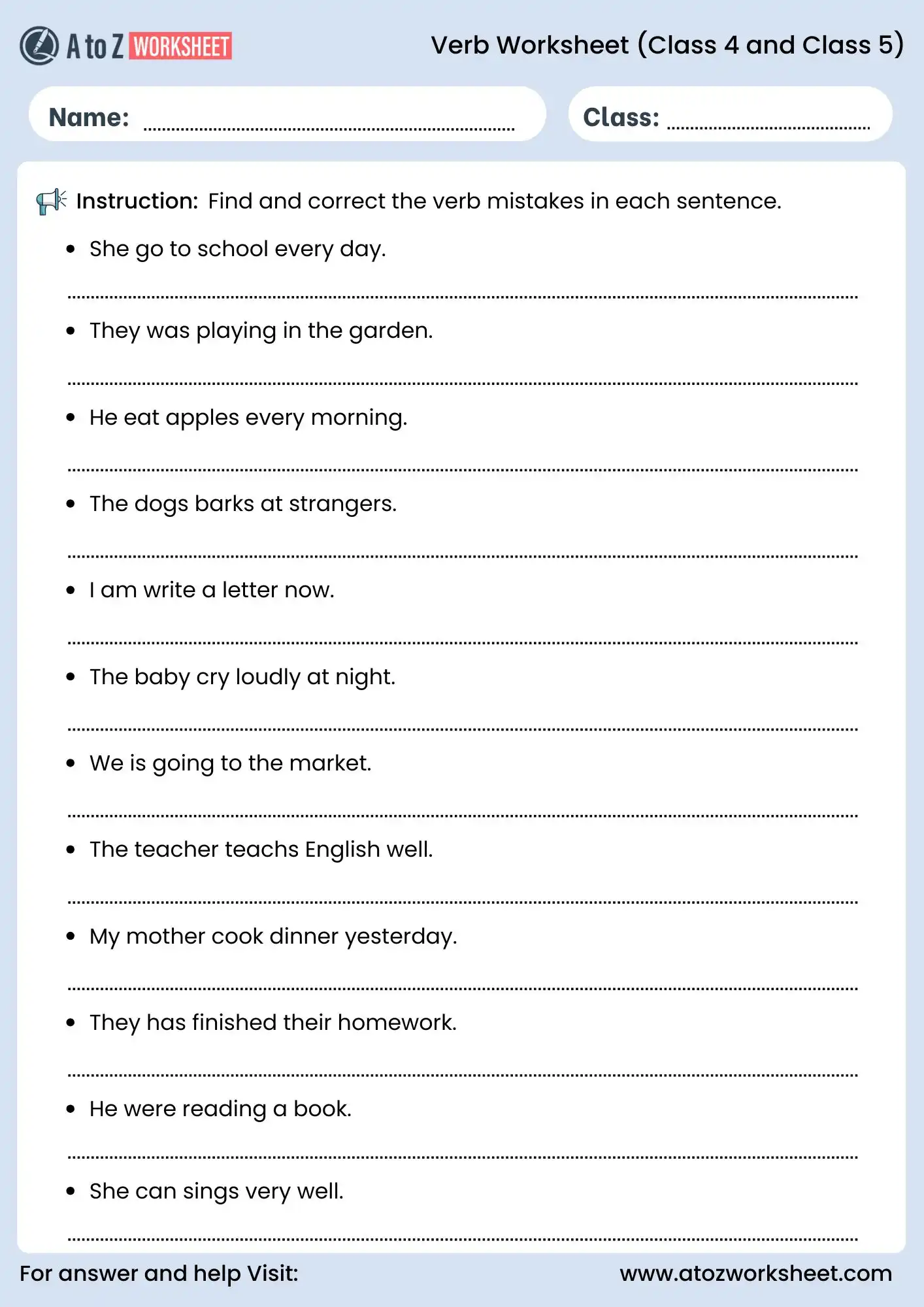 verb worksheets for class 4 and class 5 correct the mistakes