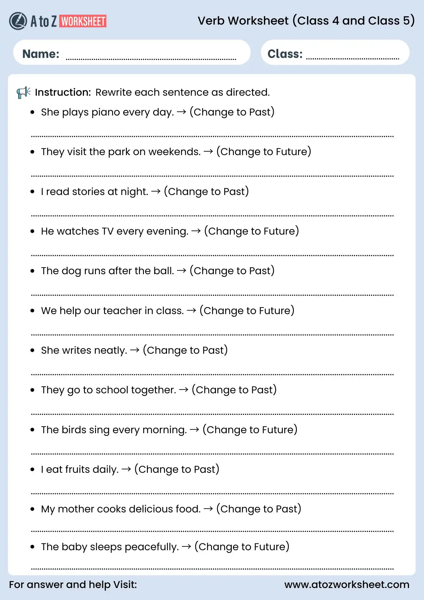 verb worksheets for class 4 and class 5 change tense activity