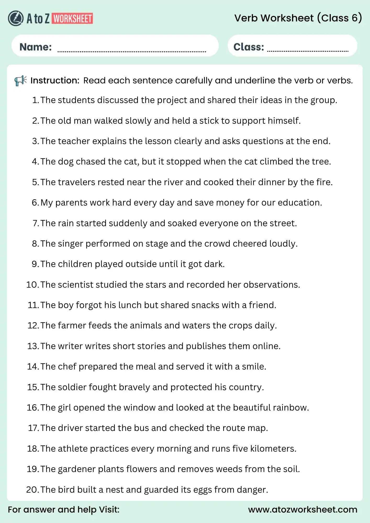 verb worksheets for class 6 underline verbs activity