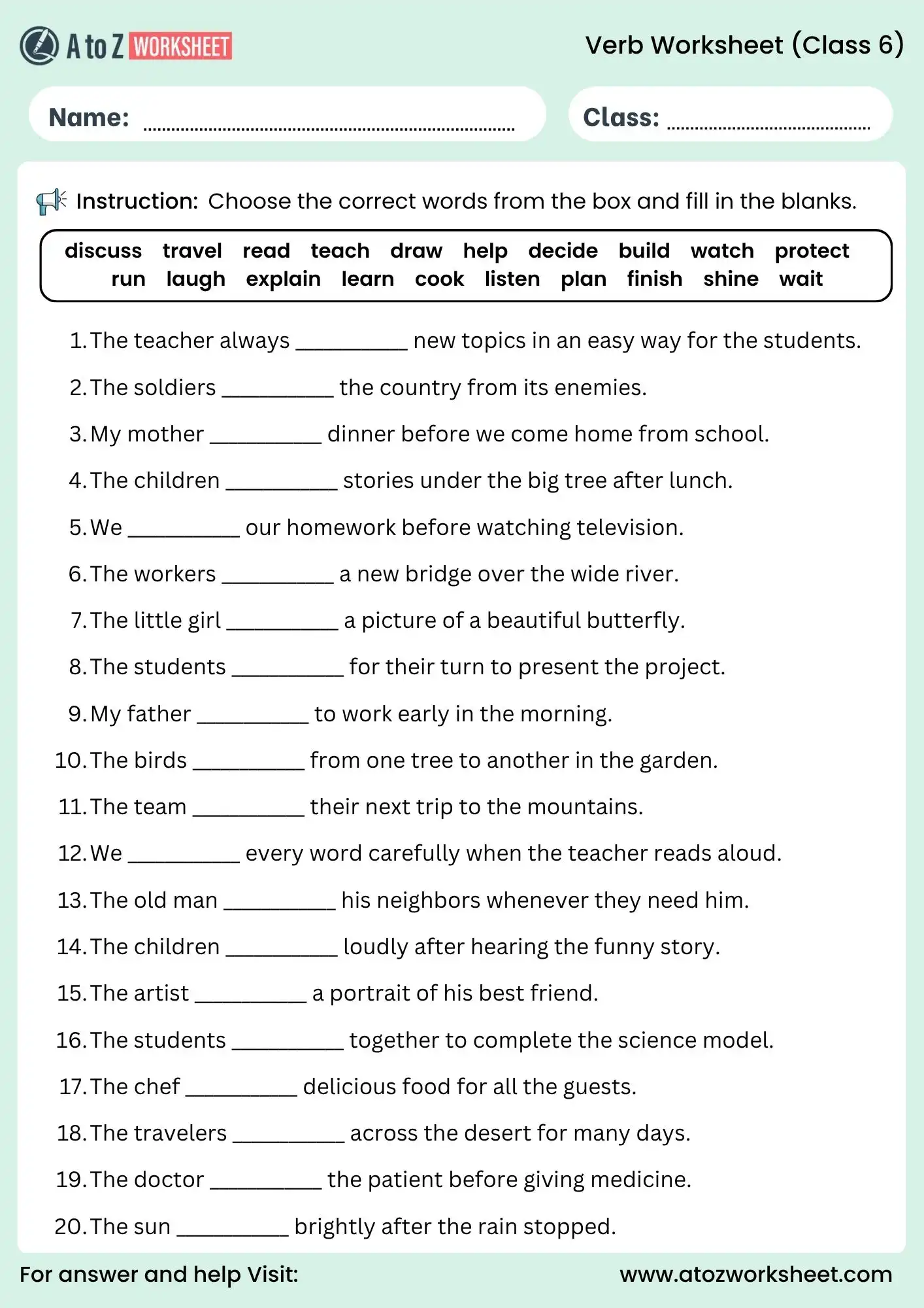verb worksheets for class 6 fill in the blanks pdf