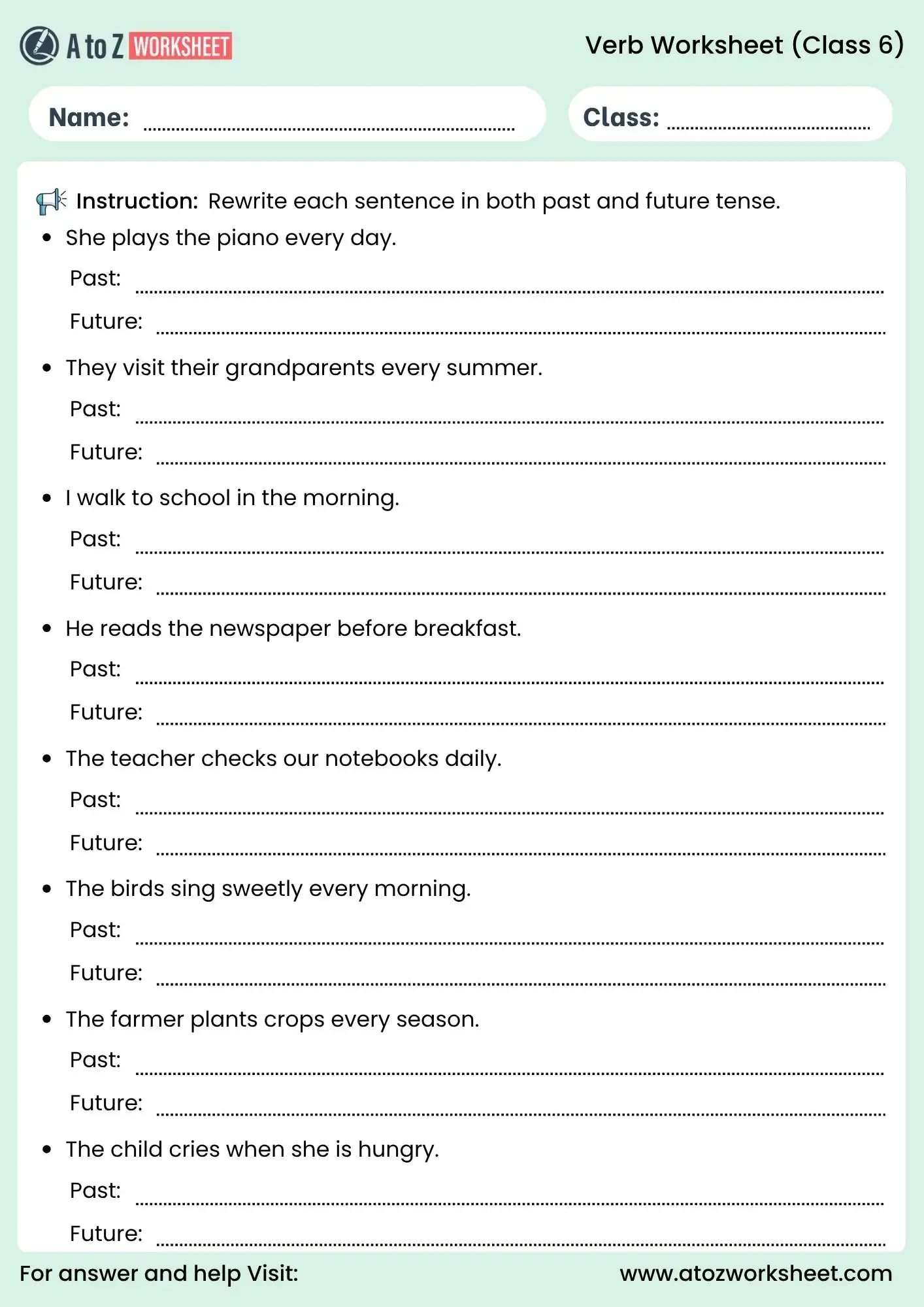 verb worksheets for class 6 rewrite tense exercise