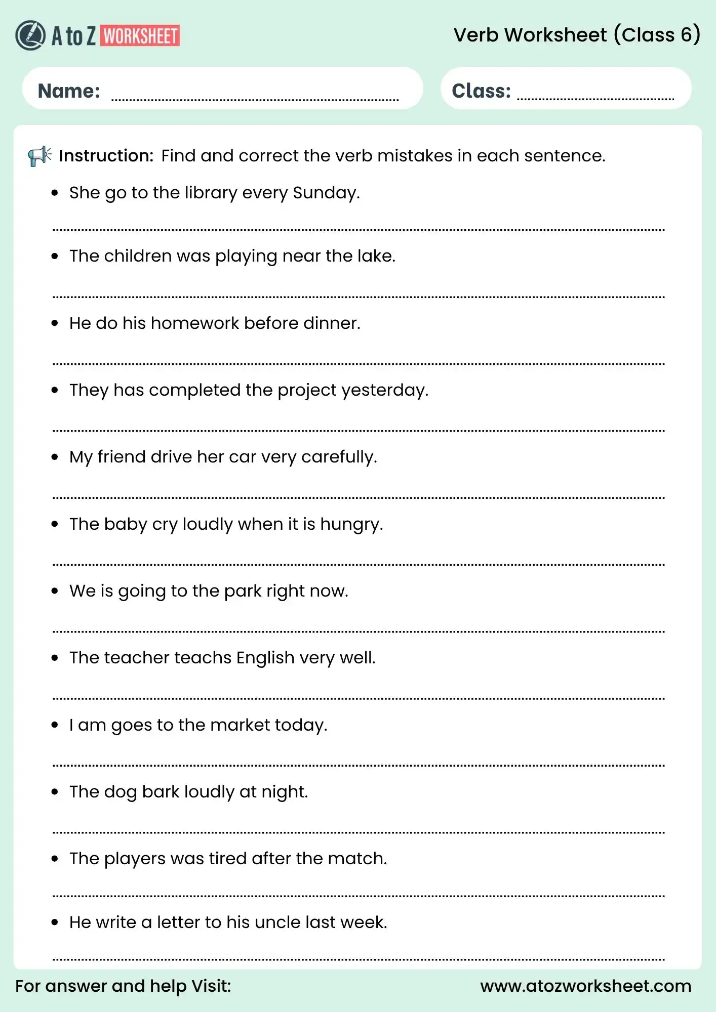 verb worksheets for class 6 correction exercise