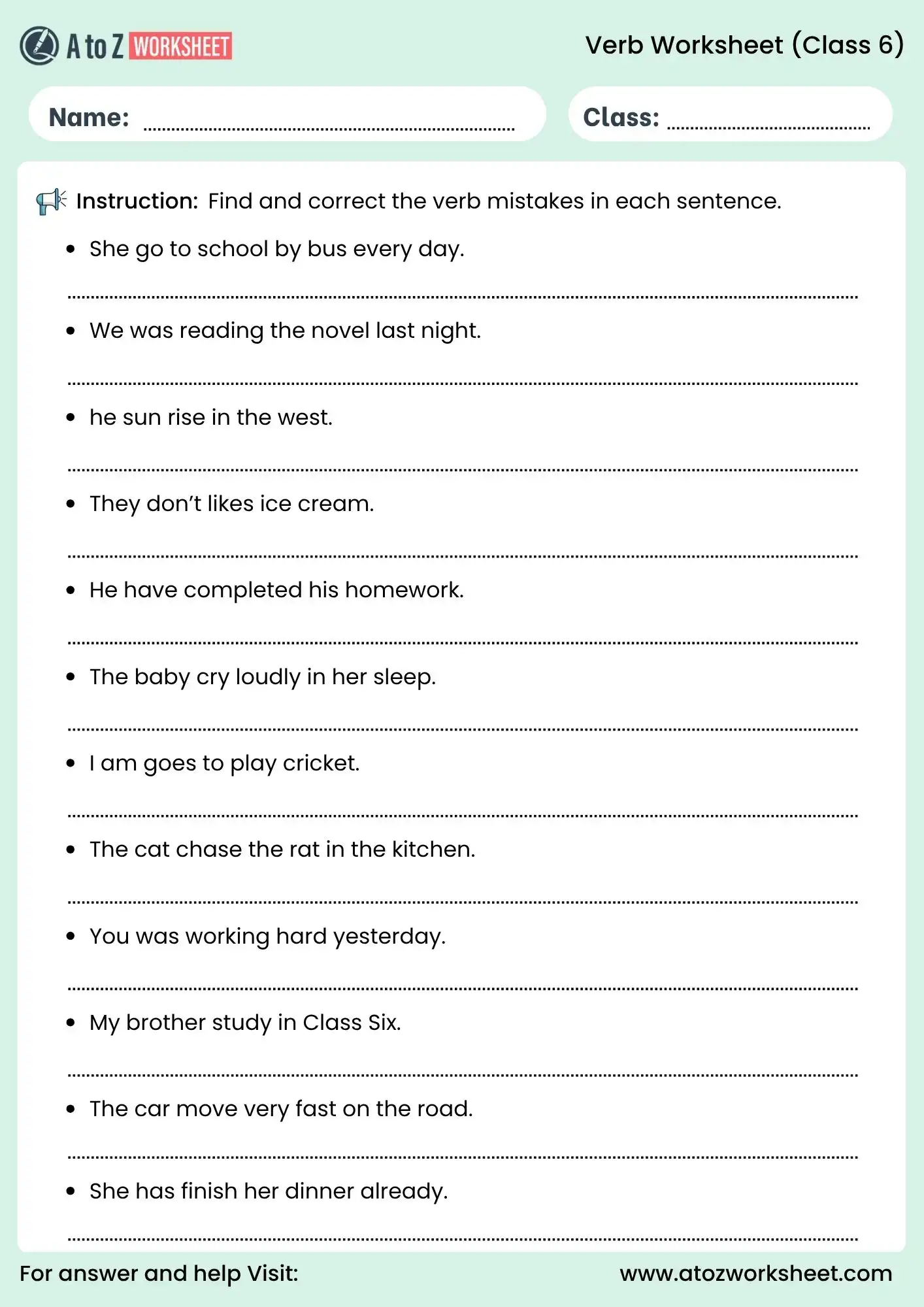 verb worksheets for class 6 grammar practice sheet