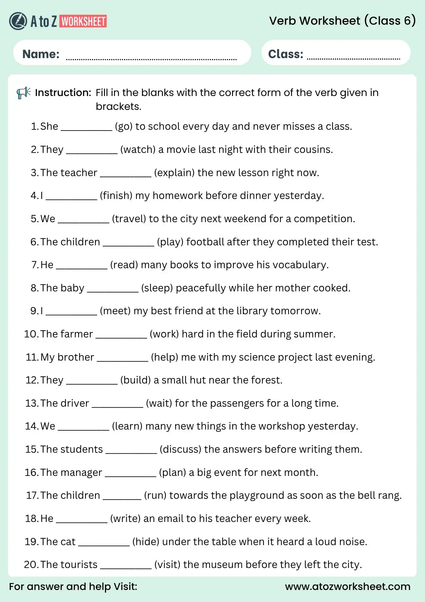 verb worksheets for class 6 fill correct verb form