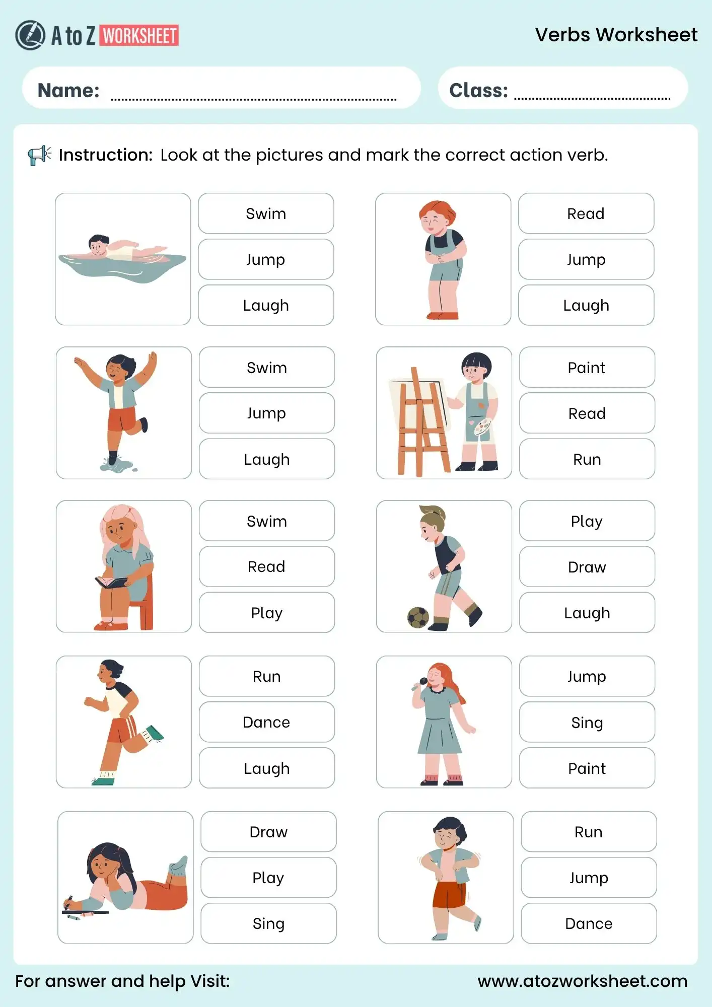 verbs worksheets identify correct action verb for kids