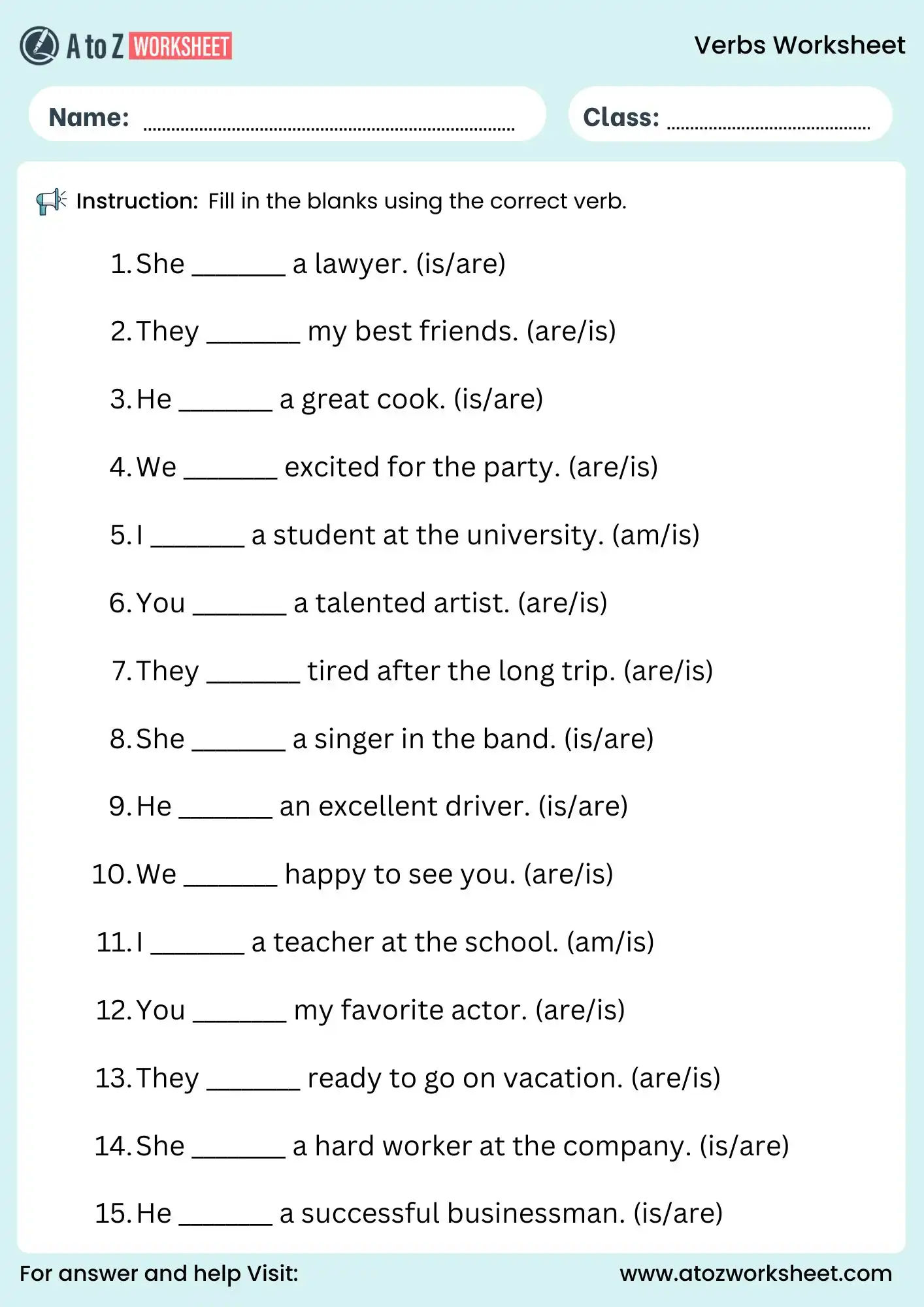verbs worksheets use correct verb is are am