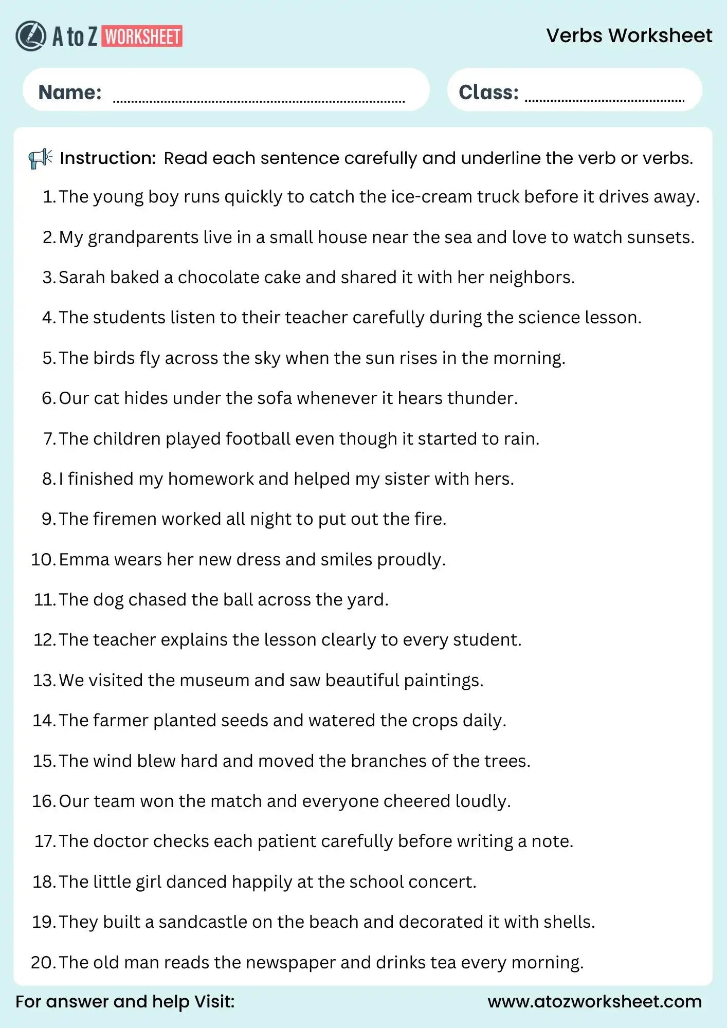 verbs worksheets underline verbs in sentences