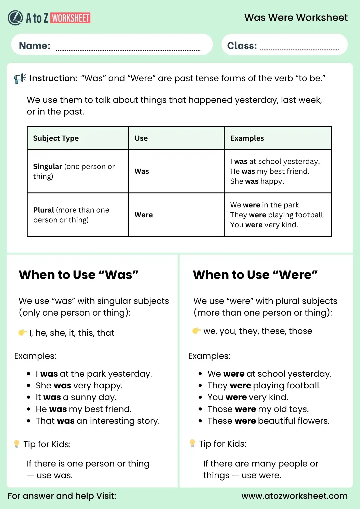 was were worksheet grammar chart for class 1 to class 3