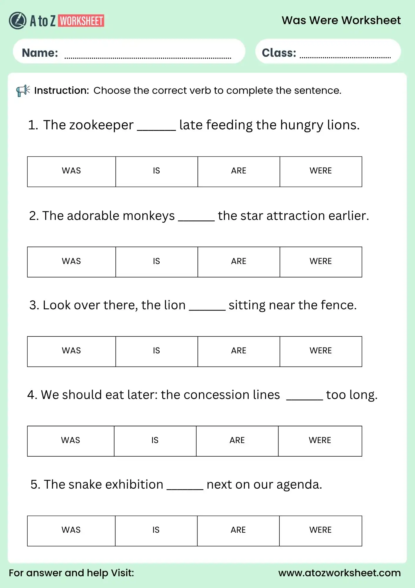 was were worksheet choose correct verb for class 2 grammar practice