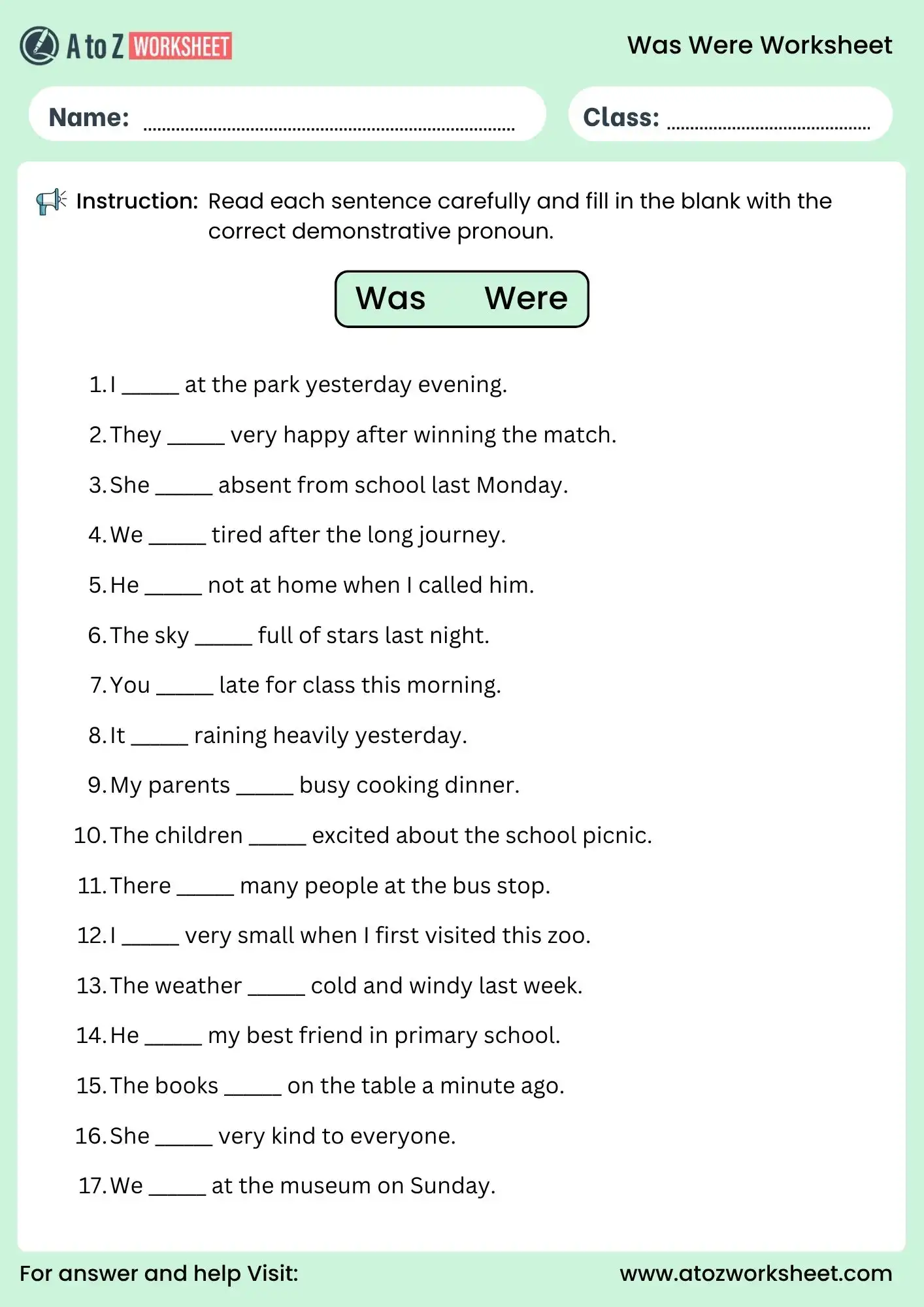 was were worksheet fill in the blanks with answers for class 3