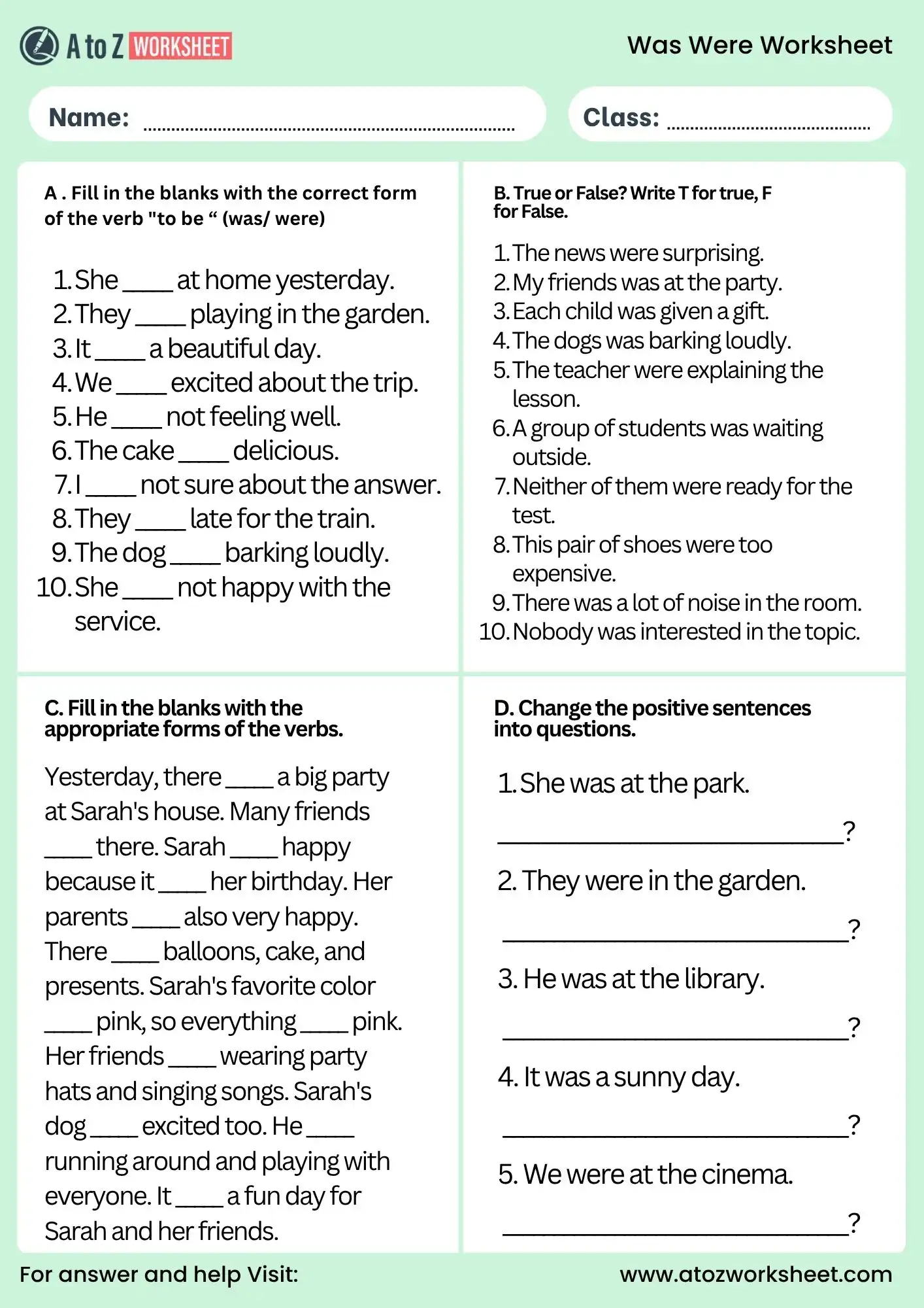 was were worksheet true false and grammar exercises with answers