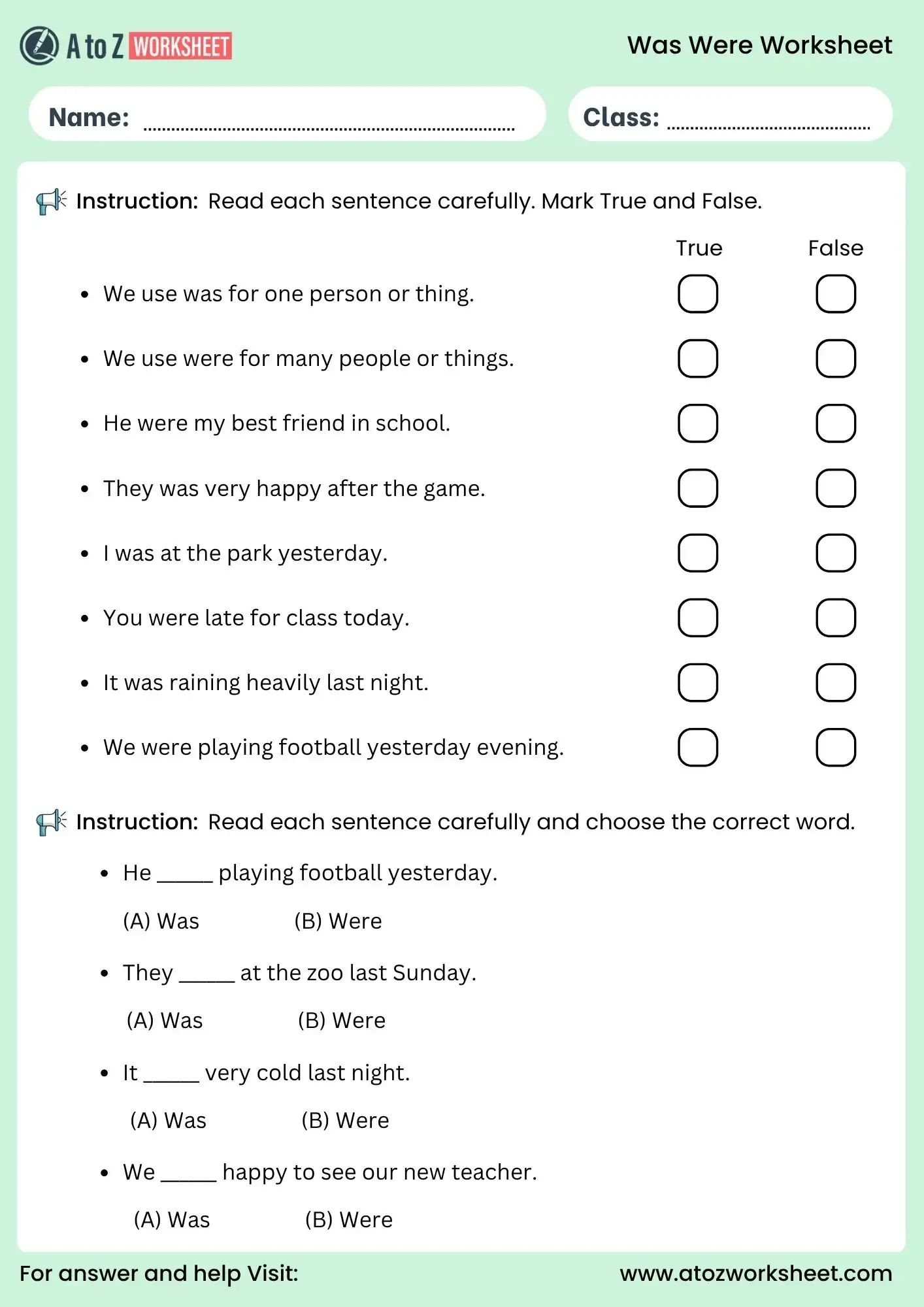 was were worksheet true false and mcq activity for beginners